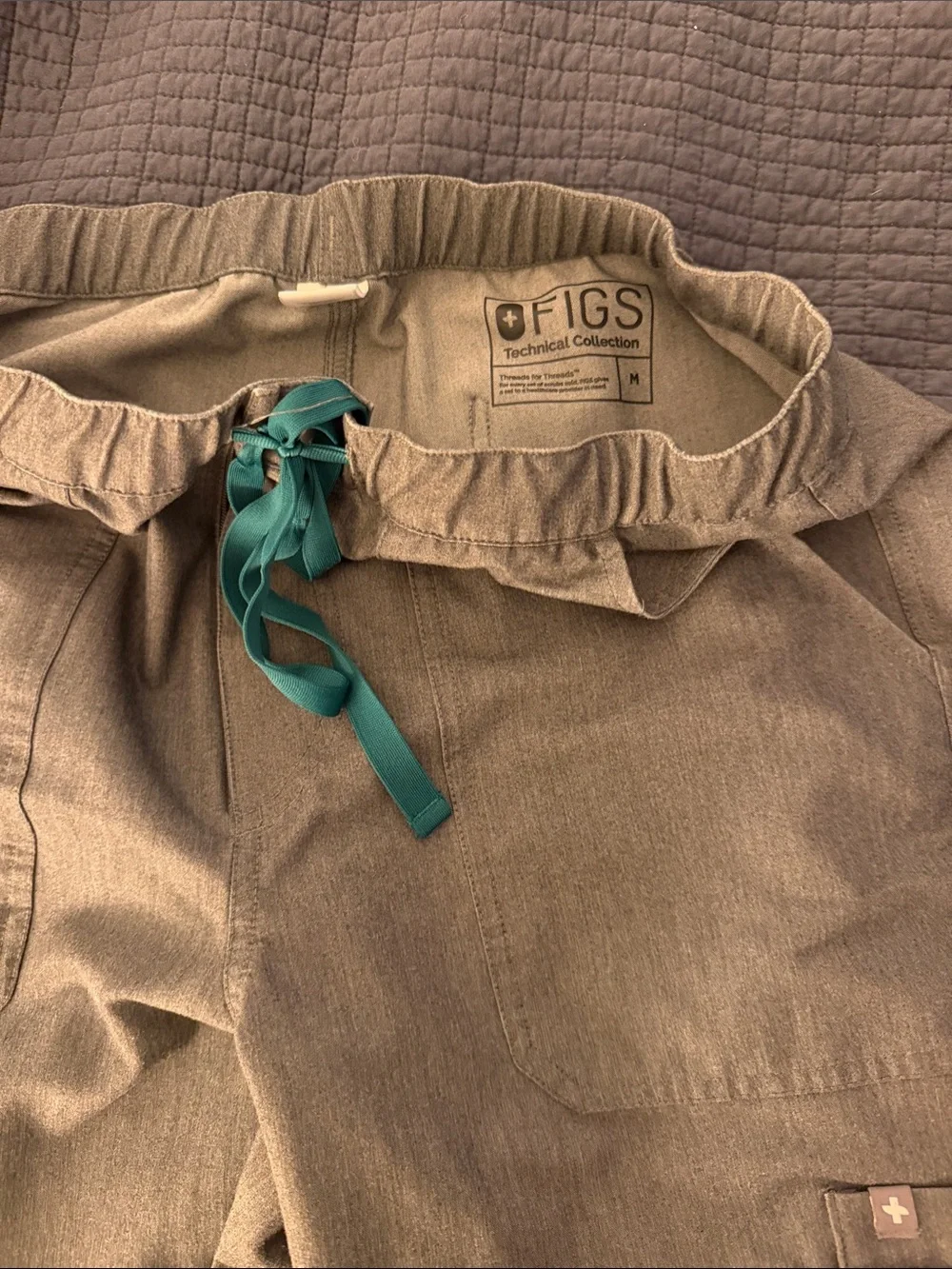 SET of Figs Men's or Women’s Pants & Top Set in Grey with Teal Drawstring